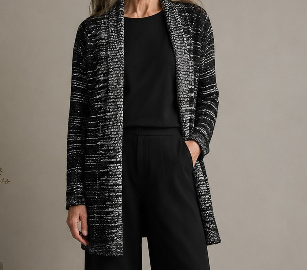 Eileen Fisher Wool Linen Cardigan S Black Cream White Open Knit Sweater Capsule